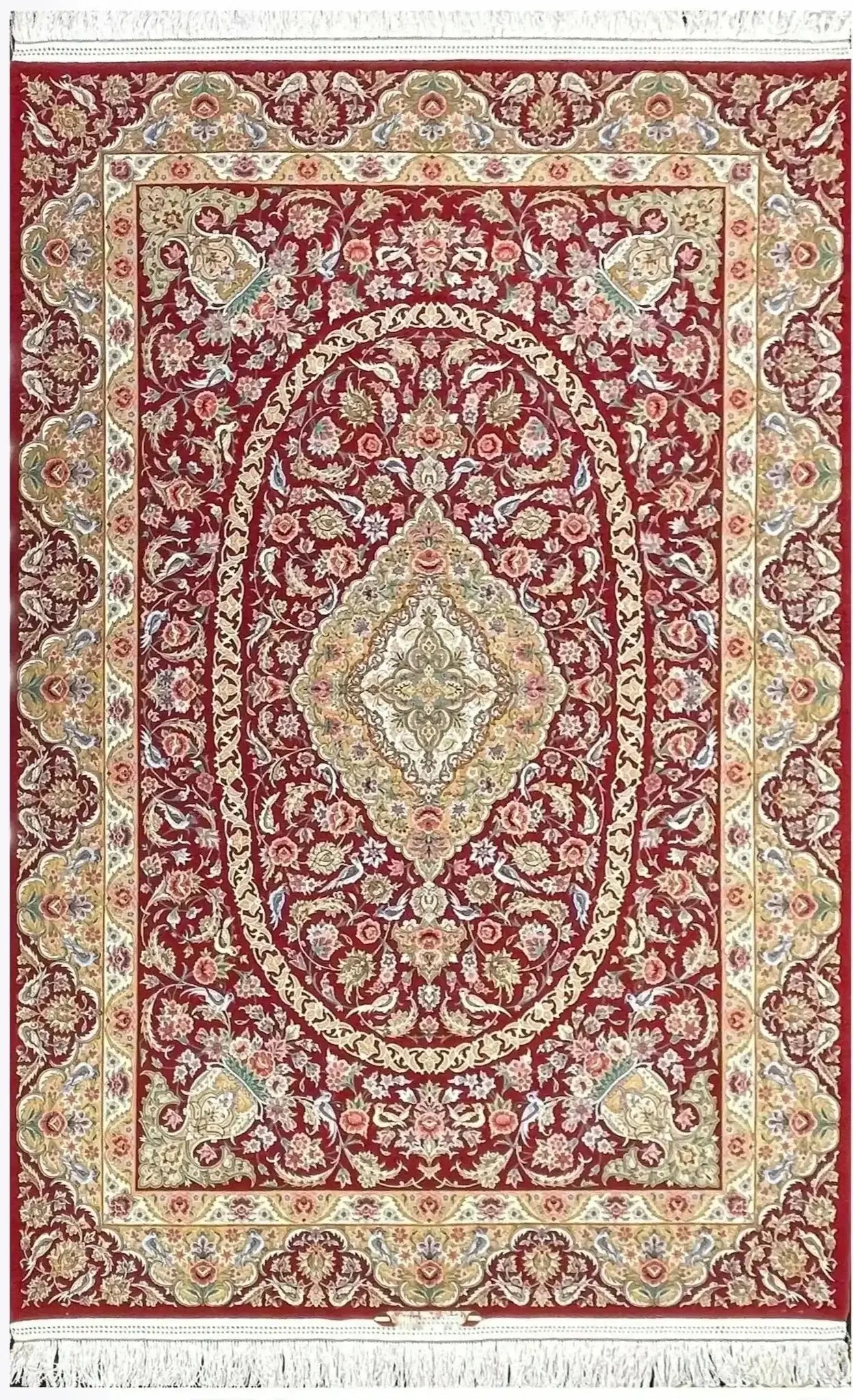 "Hand-knotted red Isfahan Persian rug, 240x160 cm, crafted with 1,000,000 knots per square meter. Made in Isfahan, Iran, by renowned weaver Akhtarian."